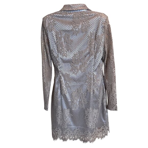 Bebe Grey Silver Lace Longline Blazer Coat Jacket L Sheer Scalloped Hem Dressy - Picture 2 of 14